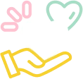 Line-art hand holding multicoloured hearts