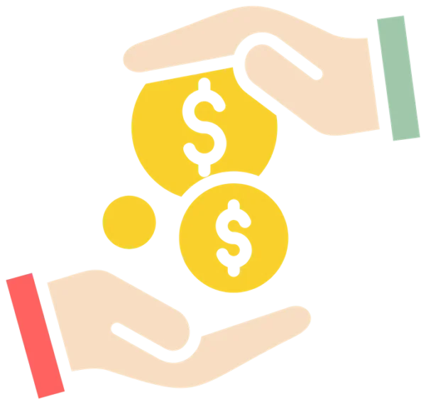School fundraising support icon with coins and helping hands