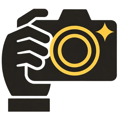 icon of a hand holding a camera with a sparkle effect.